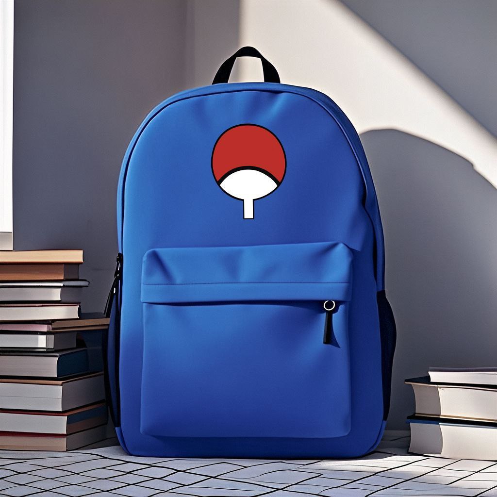 Super cool and stylish blue backpack for middle school boys, featuring Naruto characters, Uchiha fan, and Sharingan.