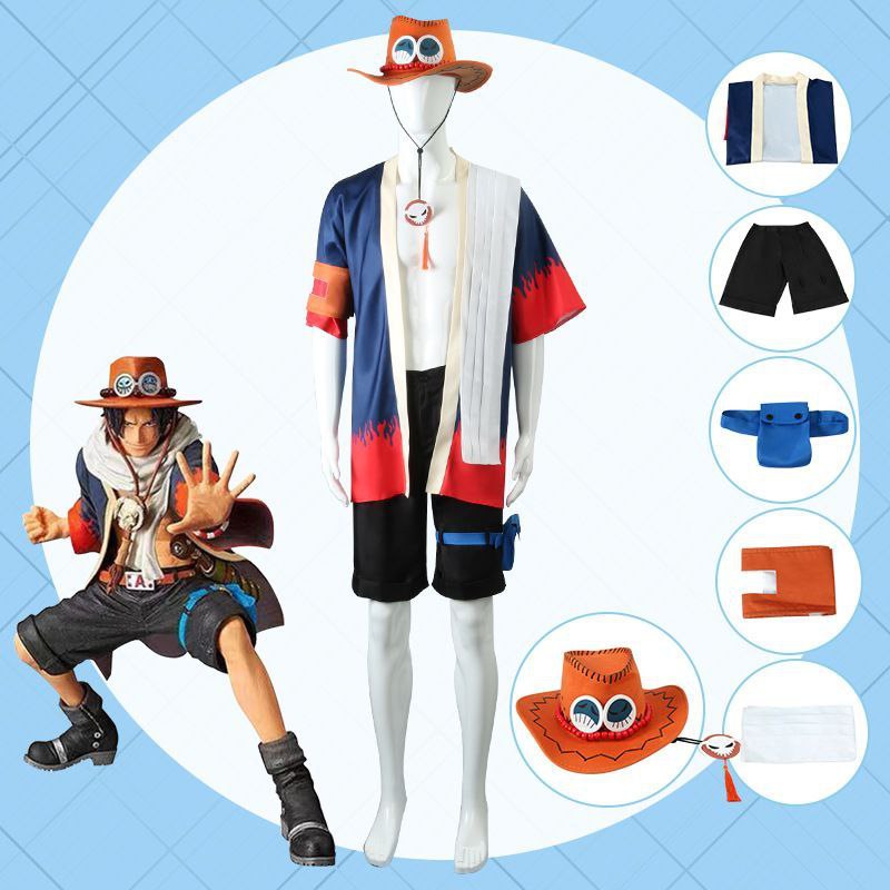 One Piece cosplay outfit, Fire Fist Ace bracelet, necklace, hat, anime/2D cosplay costume, complete set for men and women.