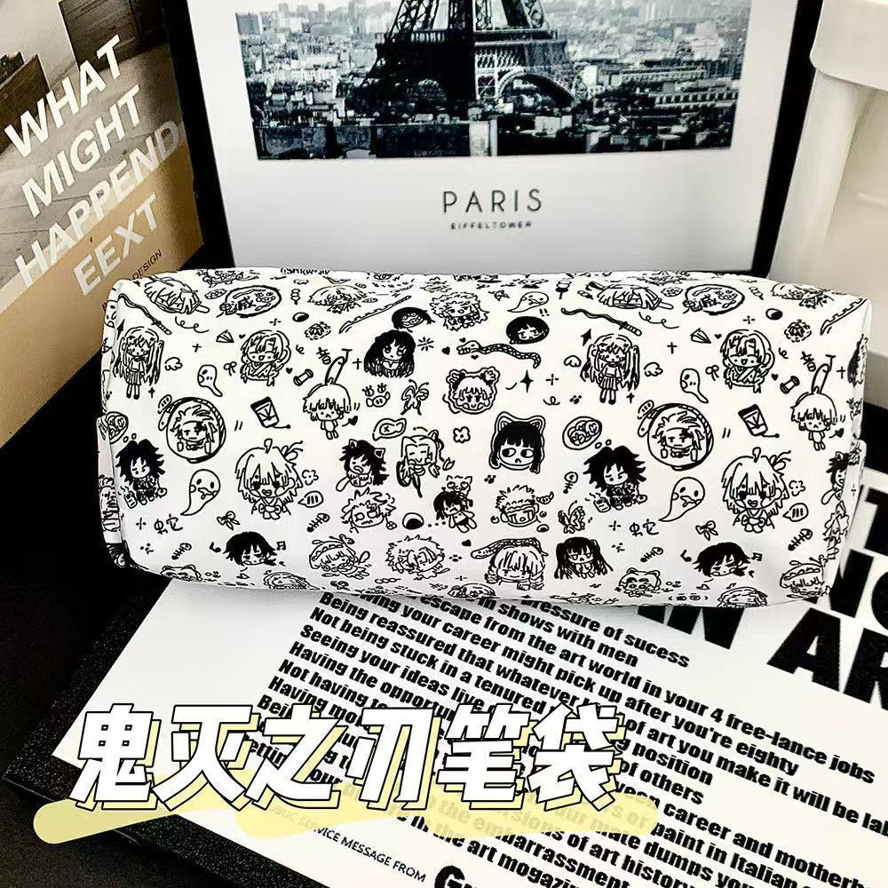 Line drawing Demon Slayer straight pencil case, ins style, Japanese cartoon high-value stationery storage bag, middle school student pencil case