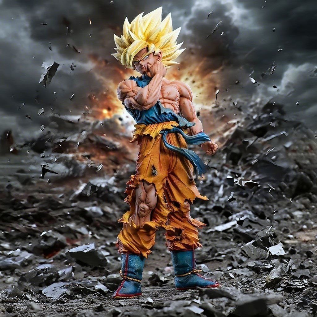 Dragon Ball Super Saiyan 1 Goku figure, Goku face-pinching figure, battle-damaged Super Saiyan 1 figure, anime figure, decorative item.
