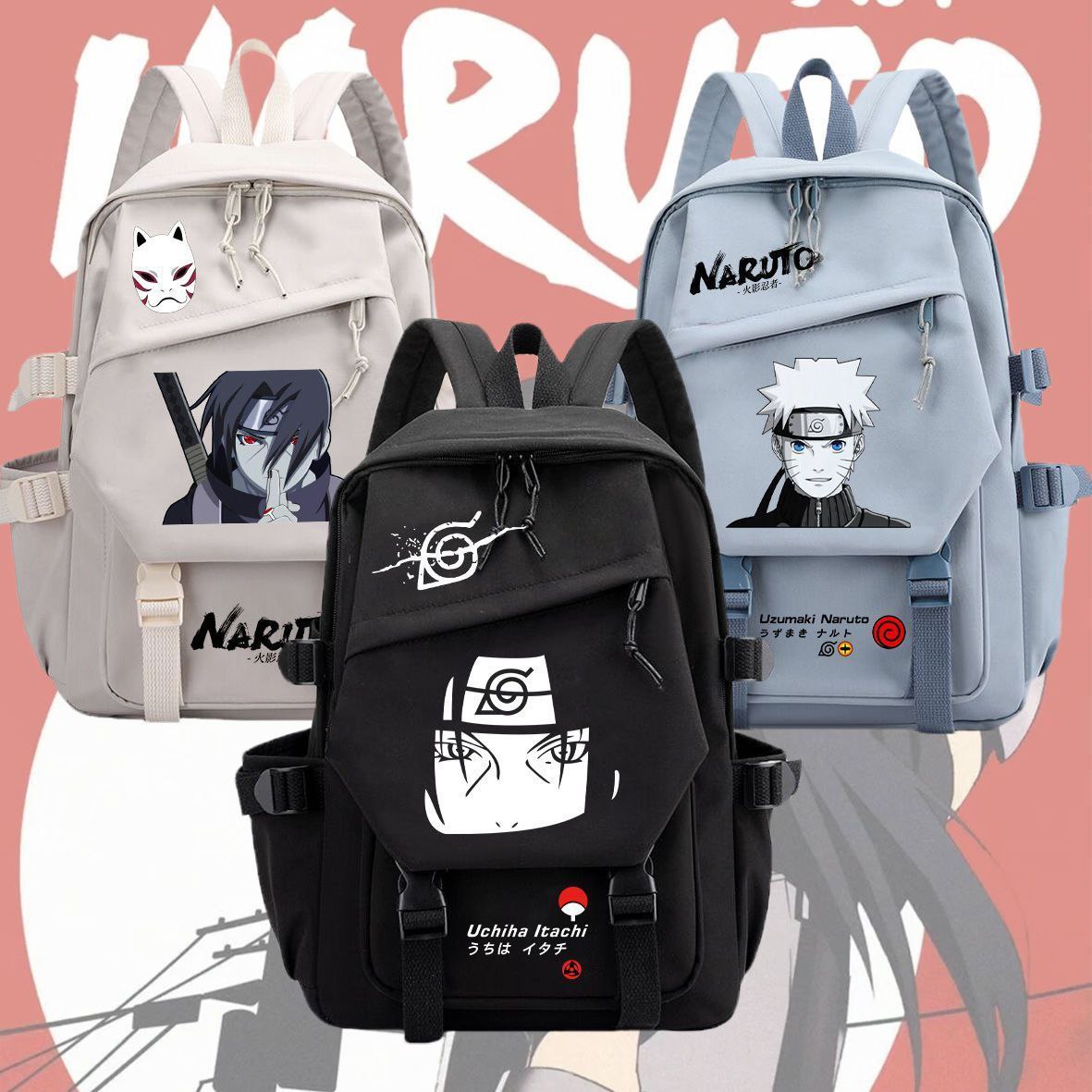 Naruto anime backpack, large capacity, Korean style, trendy unisex backpack, travel bag for primary, middle, and high school students.