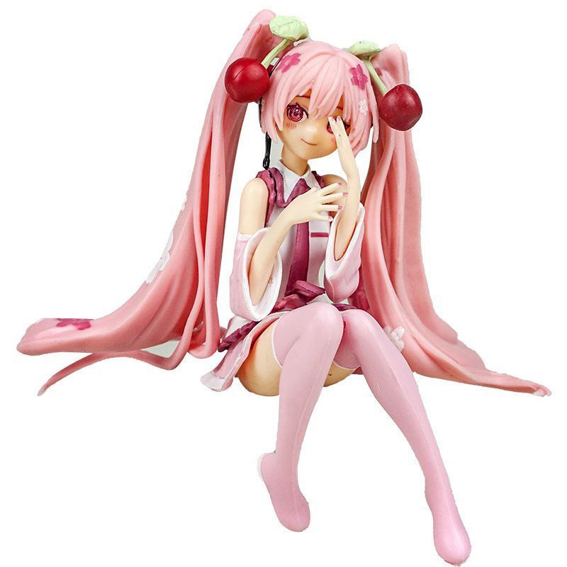 Hatsune Miku figure in sitting pose with cherry blossoms, anime girl, computer case model, desktop decoration, gift.