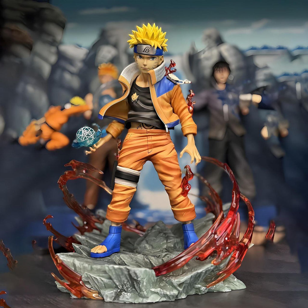 Naruto figurines, including the final battle scene from the Valley of the End, featuring Naruto as a statue, model, and anime character.Naruto figurines, including the final battle scene from the Valley of the End, featuring Naruto as a statue