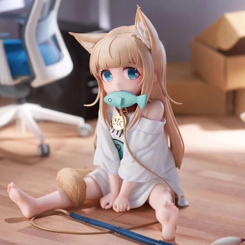 Soybean flour figurine of a beautiful girl sitting and eating fish, a catgirl model, anime/manga decoration