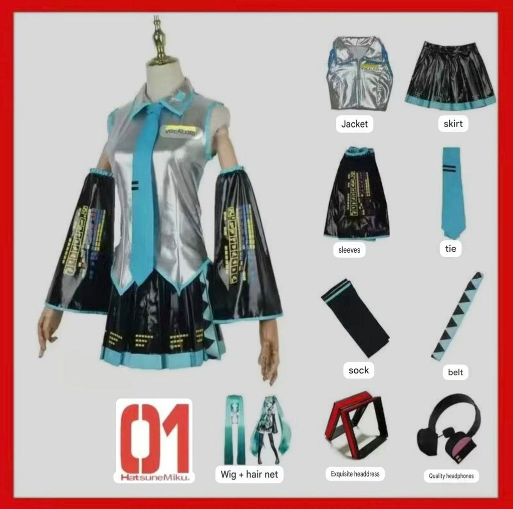Hatsune Miku cosplay outfit, MIKU official costume, Japanese anime girl silver JK girl cosplay set, complete set.