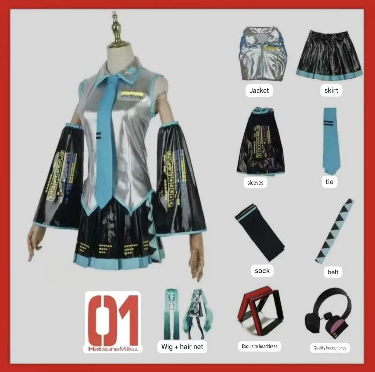 Hatsune Miku cosplay outfit, MIKU official costume, Japanese anime girl silver JK girl cosplay set, complete set.