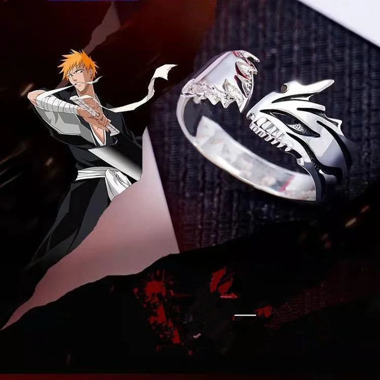 Anime Bleach: Ichigo Kurosaki Hollowfication Mask Ring, Antique Silver Open Ring Jewelry