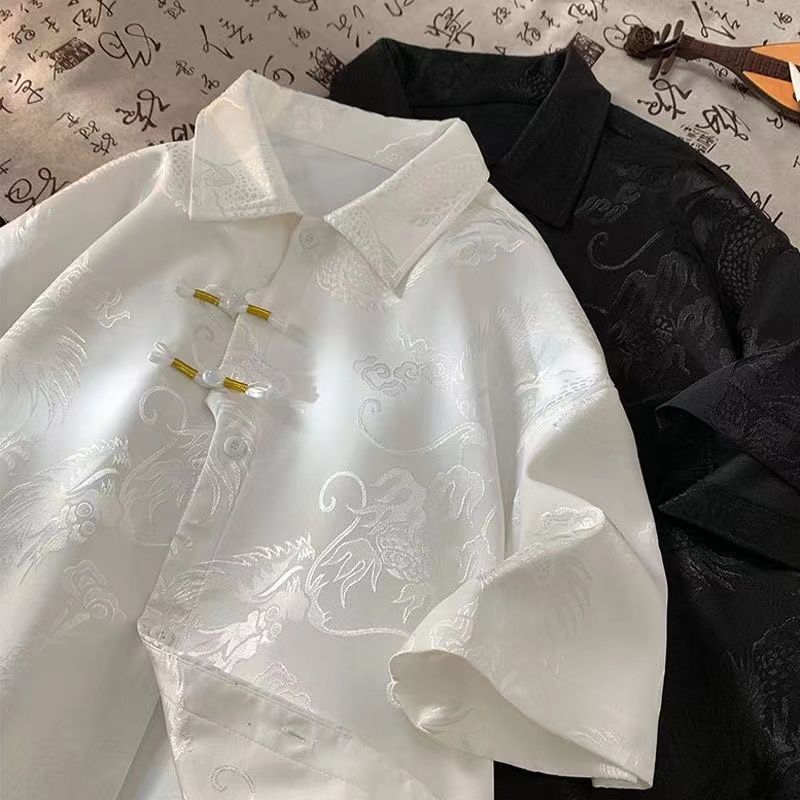 Summer trendy Chinese style dragon pattern hot-selling versatile trendy shirt, casual pants, Tang suit, short-sleeved men's thin jacket, loose fit