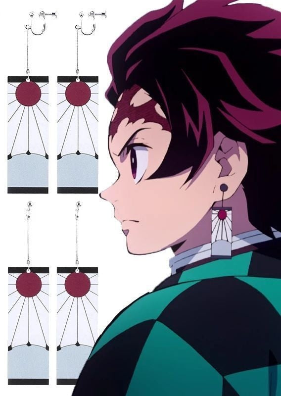 Demon Slayer anime merchandise earrings, featuring Tanjiro, Shinobu, and Nezuko designs. Anime convention ear hook set.