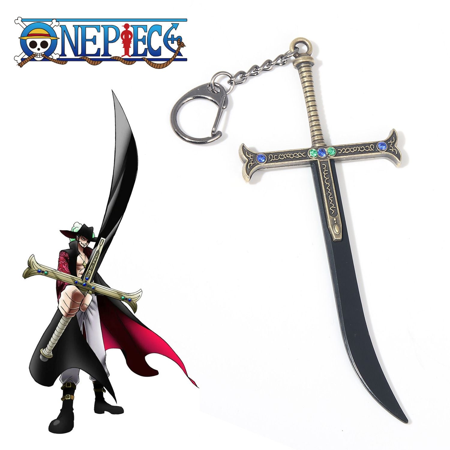 Anime merchandise, cosplay, One Piece Hawkeye Mihawk Black Blade Yoru keychain, Greatsword Master metal pendant