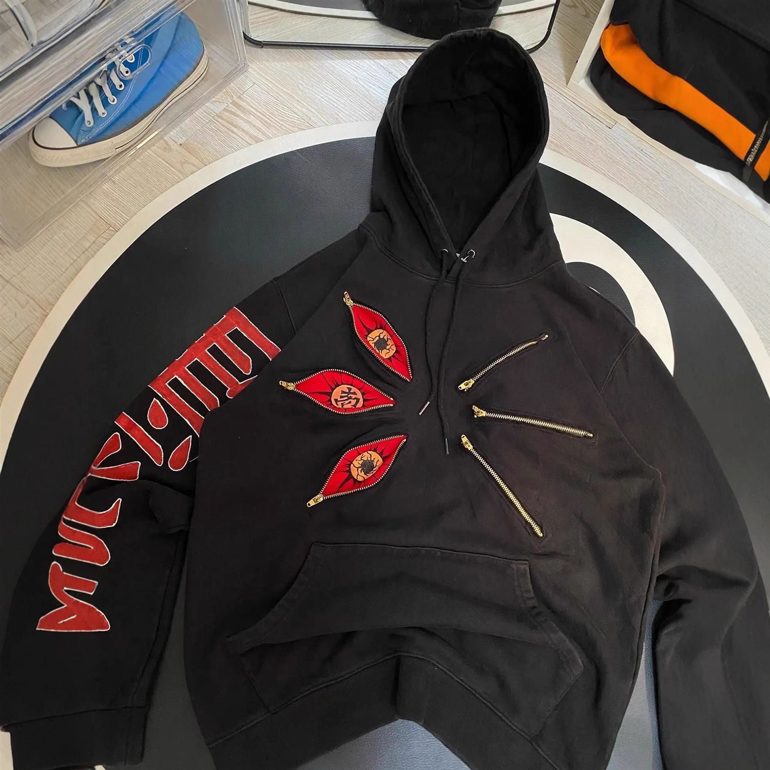 New Style Eye Embroidery Black Death Life Autumn Hooded Sweatshirt with Zipper Pockets Pullover Long Sleeve Loose Top