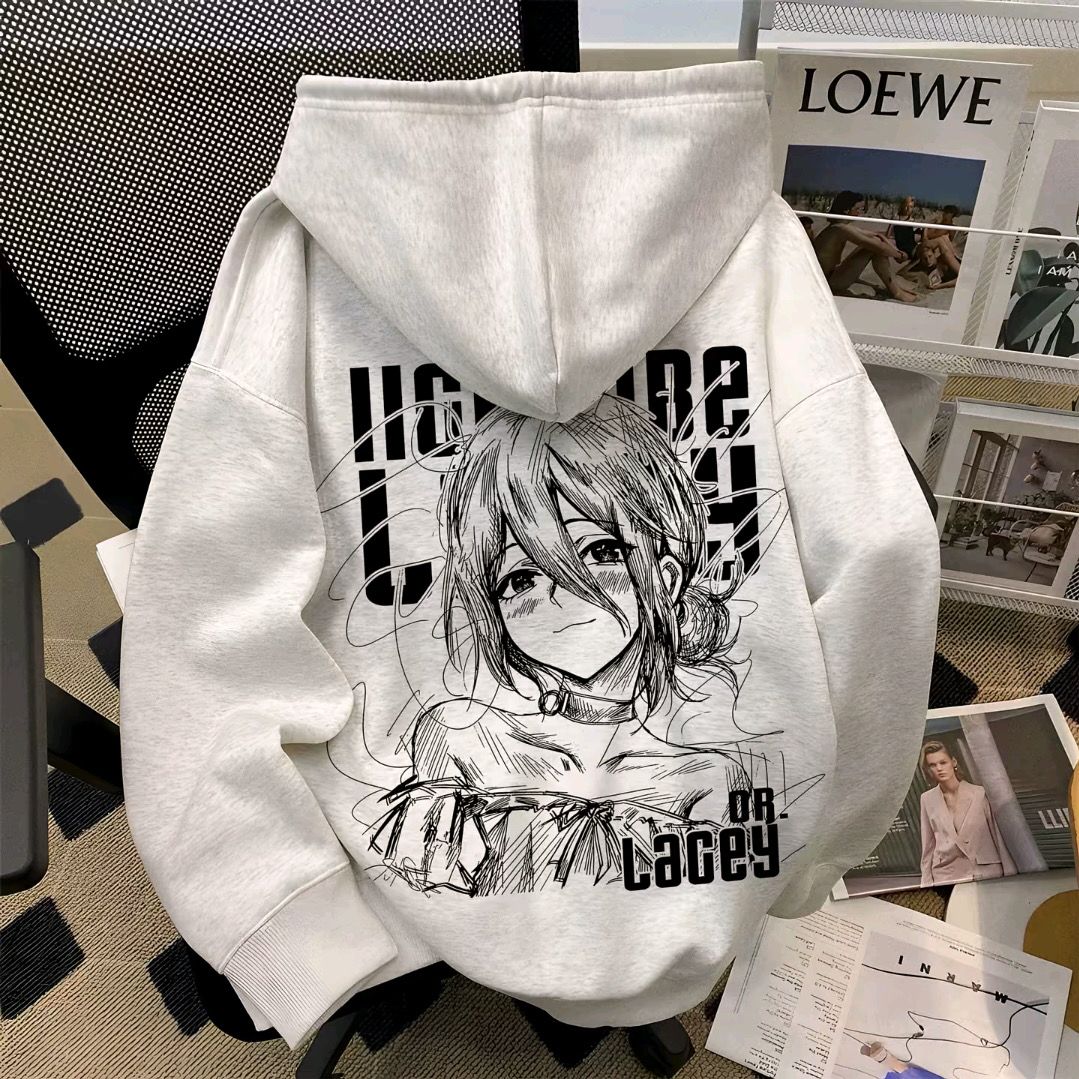 Japanese style Vibe hand-painted Leise anime hooded sweatshirt for men, long sleeves, loose-fitting fleece-lined winter jacket for teenagers and couples.
