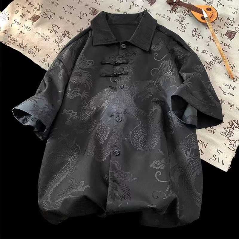 Summer trendy Chinese style dragon pattern hot-selling versatile trendy shirt, casual pants, Tang suit, short-sleeved men's thin jacket, loose fit