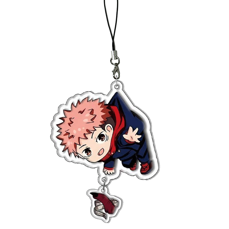 Jujutsu Kaisen themed phone charms/keychains featuring Gojo Satoru, Fushiguro Megumi, Sukuna, and Yuji Itadori. Creative phone straps and backpack pendants.