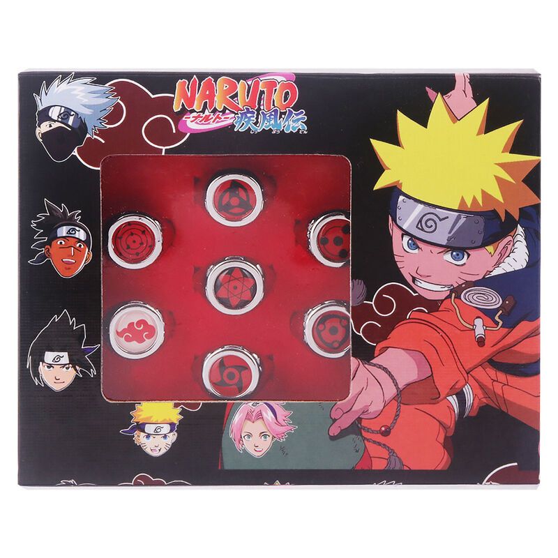 Anime merchandise: rings, Sharingan, boxed Ninja Mangekyou (magatama)
