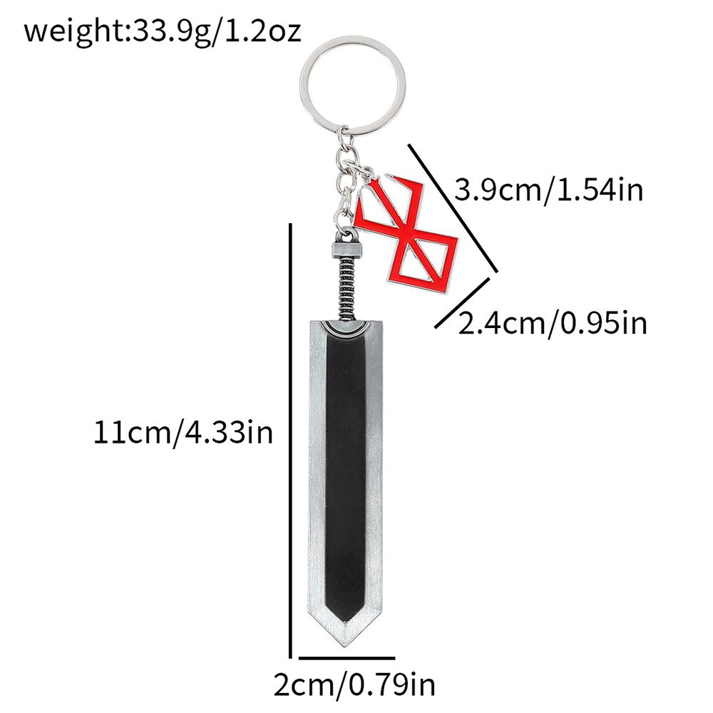 Berserk keychain, red and black, featuring the Black Swordsman Guts' weapon, a decorative pendant.