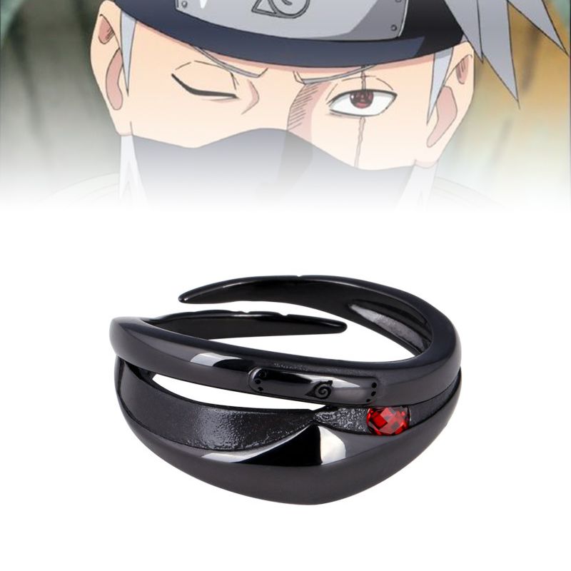 High-quality pure black open ring for men with Sharingan from the anime Naruto featuring Kakashi's mask and eye design.