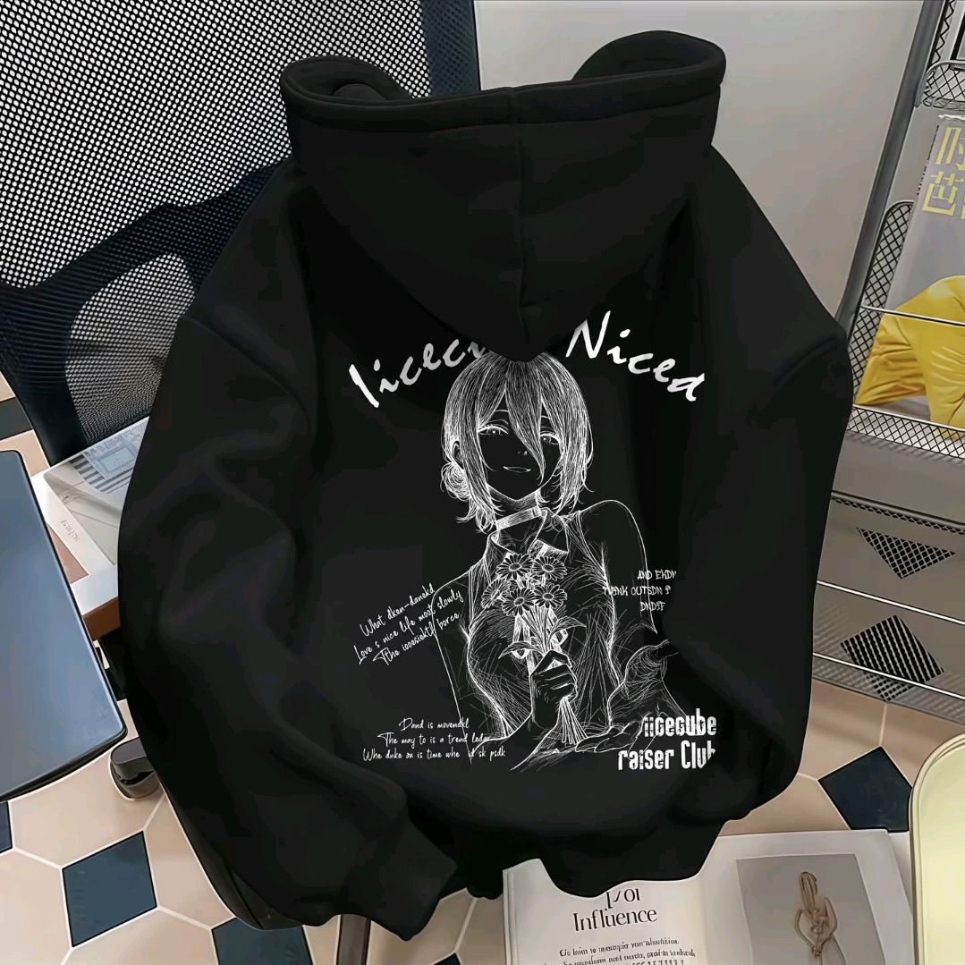 Japanese anime Chainsaw Man Reese print hooded sweatshirt for men, long-sleeved, loose-fitting fleece-lined winter coat for teenagers.