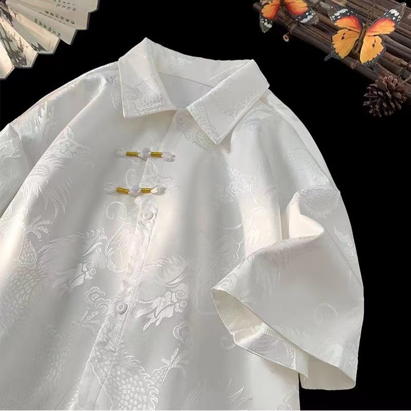 Summer trendy Chinese style dragon pattern hot-selling versatile trendy shirt, casual pants, Tang suit, short-sleeved men's thin jacket, loose fit