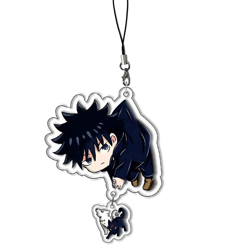 Jujutsu Kaisen themed phone charms/keychains featuring Gojo Satoru, Fushiguro Megumi, Sukuna, and Yuji Itadori. Creative phone straps and backpack pendants.