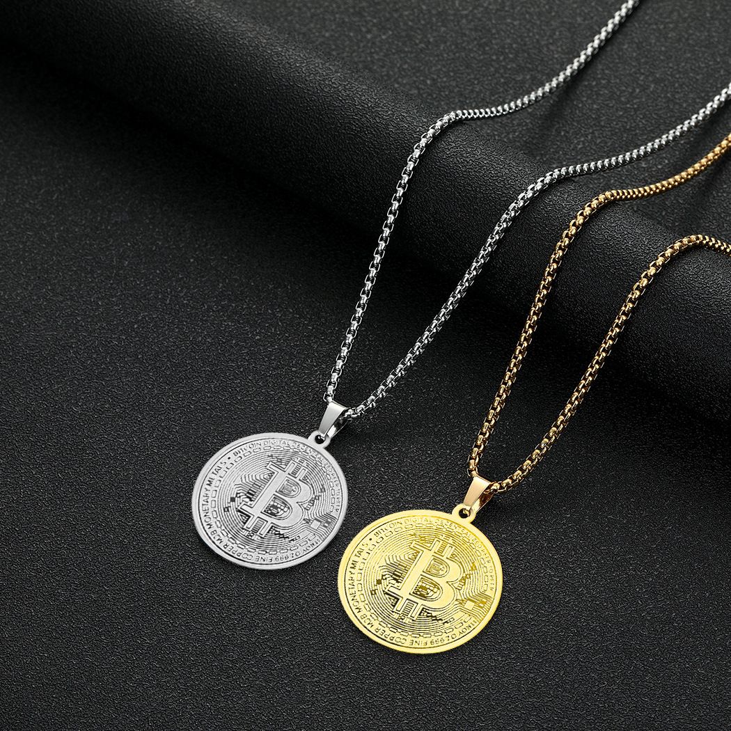 Stylish new stainless steel Bitcoin pendant necklace, gold-plated round Bitcoin pendant necklace jewelry.