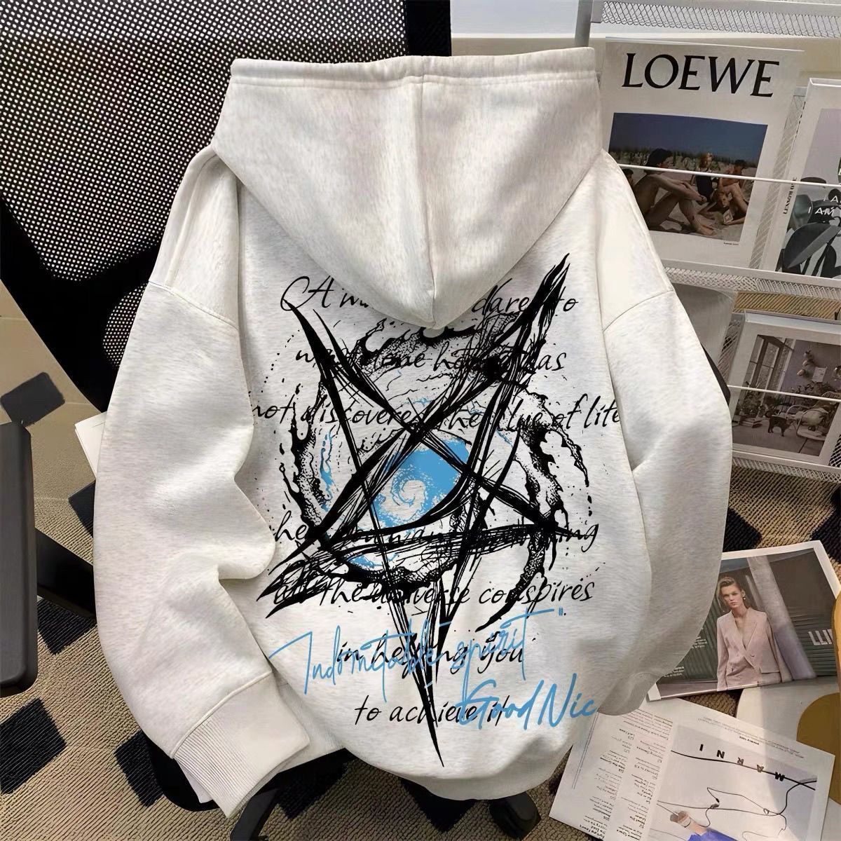 Evil Eye Print Fleece-Lined Hooded Sweatshirt for Women, Loose Fit, Versatile, Suitable for Students, Loose Fit Running Jacket for Men