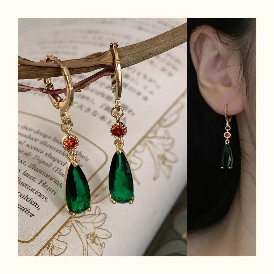 Howl's Moving Castle anime earrings, green crystal cosplay ear clips/hoops/jewelry.