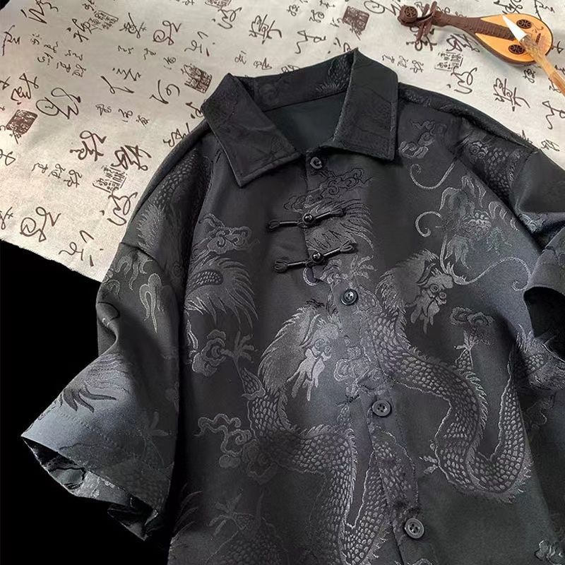 Summer trendy Chinese style dragon pattern hot-selling versatile trendy shirt, casual pants, Tang suit, short-sleeved men's thin jacket, loose fit