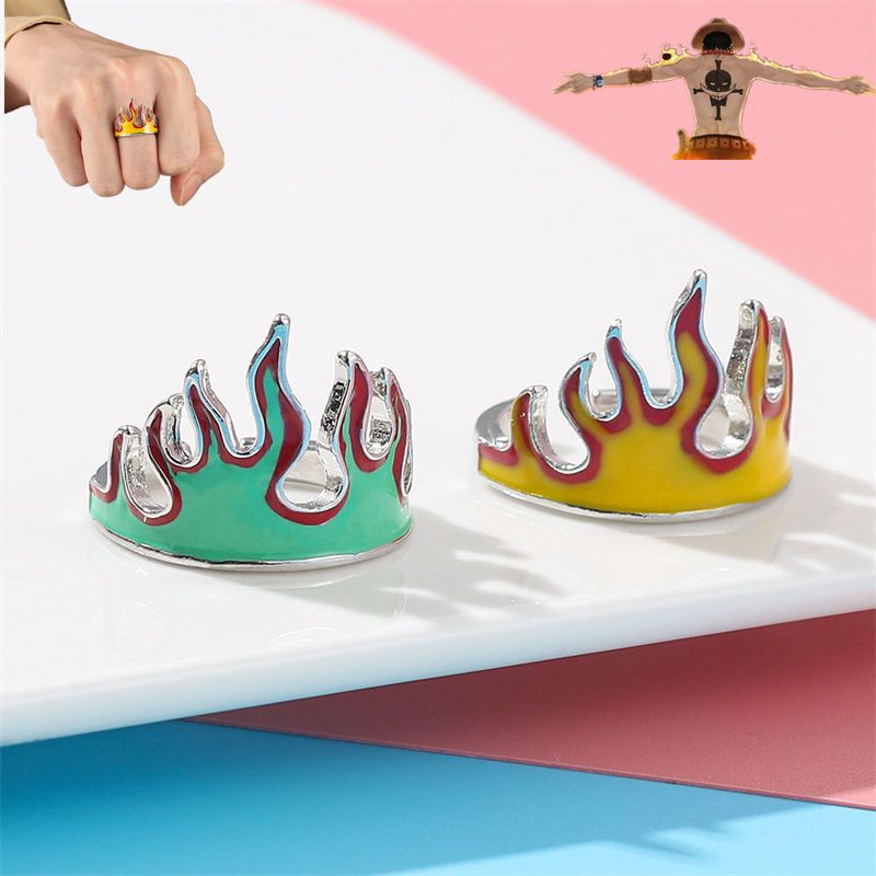One Piece Ace Creative Flame Ring, Trendy Hip-Hop Style Ring, Fashionable Alloy Opening Adjustable Design