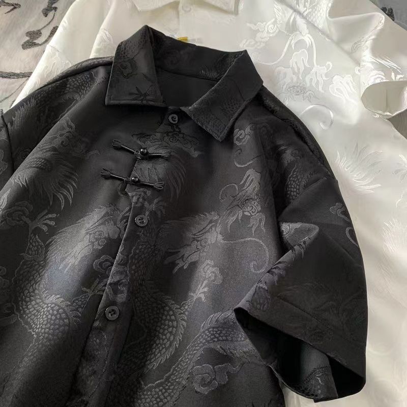 Summer trendy Chinese style dragon pattern hot-selling versatile trendy shirt, casual pants, Tang suit, short-sleeved men's thin jacket, loose fit