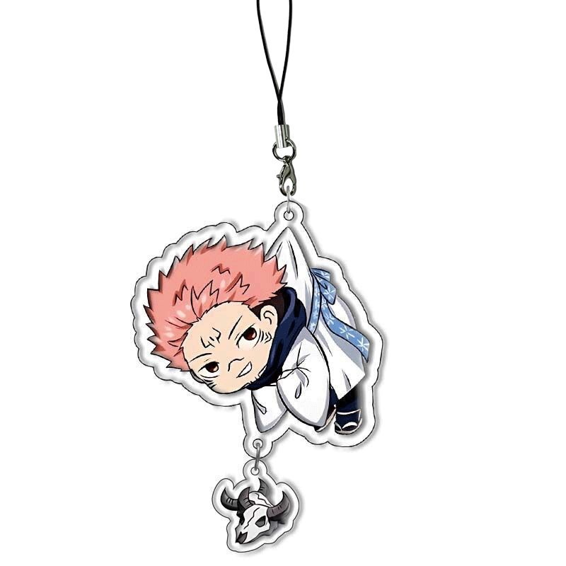 Jujutsu Kaisen themed phone charms/keychains featuring Gojo Satoru, Fushiguro Megumi, Sukuna, and Yuji Itadori. Creative phone straps and backpack pendants.